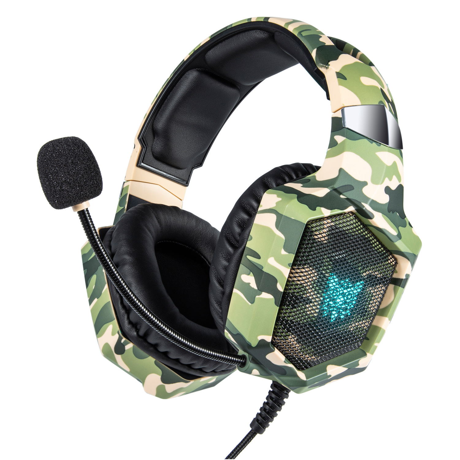 K8 Camouflage Professional Gaming Headset with Noise-Cancelling Mic & LED Lights – Immersive Surround Sound for PS5, Xbox Series X/S, PC & Laptop (Military Edition)