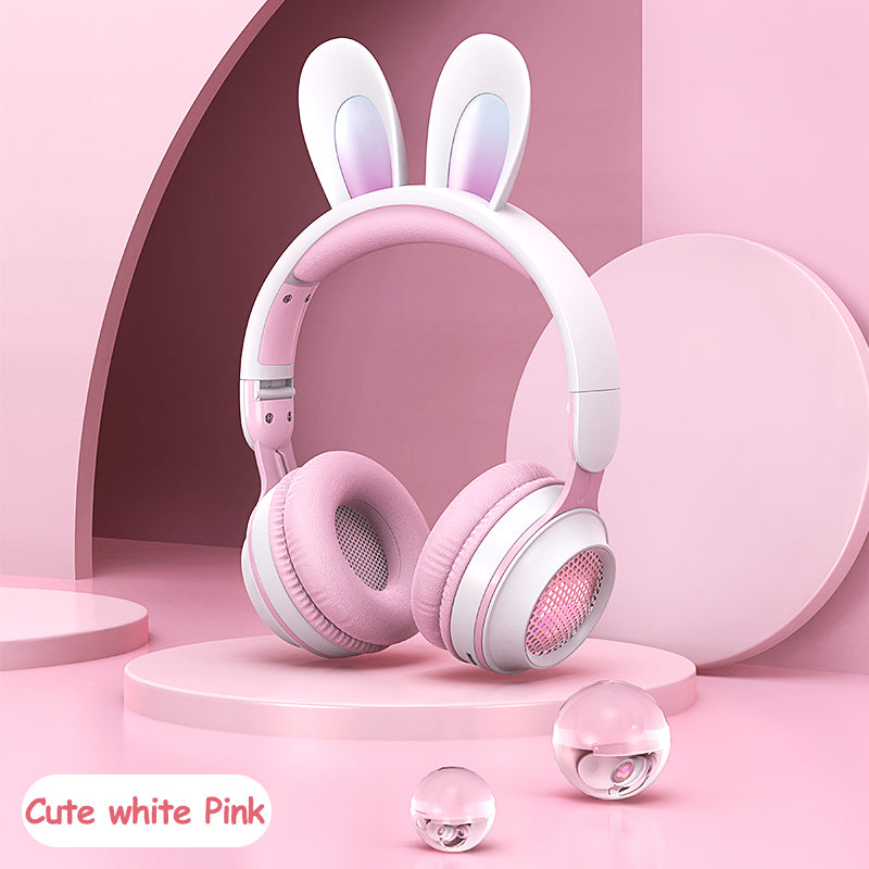 Cute Rabbit Ear Wireless Bluetooth Headphones – LED Glowing Luminous Foldable Headset with Built-in Mic & Adjustable Headband for Kids, Teens, and Cosplay