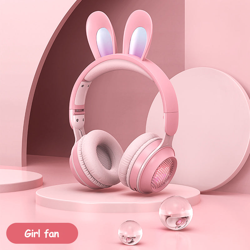 Cute Rabbit Ear Wireless Bluetooth Headphones – LED Glowing Luminous Foldable Headset with Built-in Mic & Adjustable Headband for Kids, Teens, and Cosplay