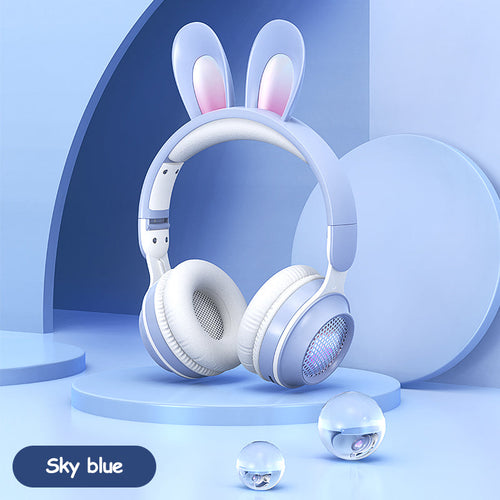 Cute Rabbit Ear Wireless Bluetooth Headphones – LED Glowing Luminous Foldable Headset with Built-in Mic & Adjustable Headband for Kids, Teens, and Cosplay
